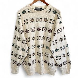 Vintage 90s Knightsbridge Made in USA Cream Argyle Sweater